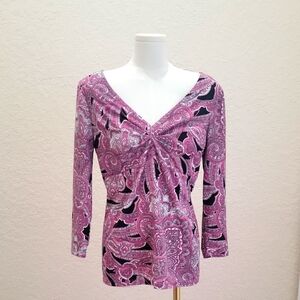 INC International Concepts V-Neck Paisley Pink/Black/White Quarter Sleeve. Small